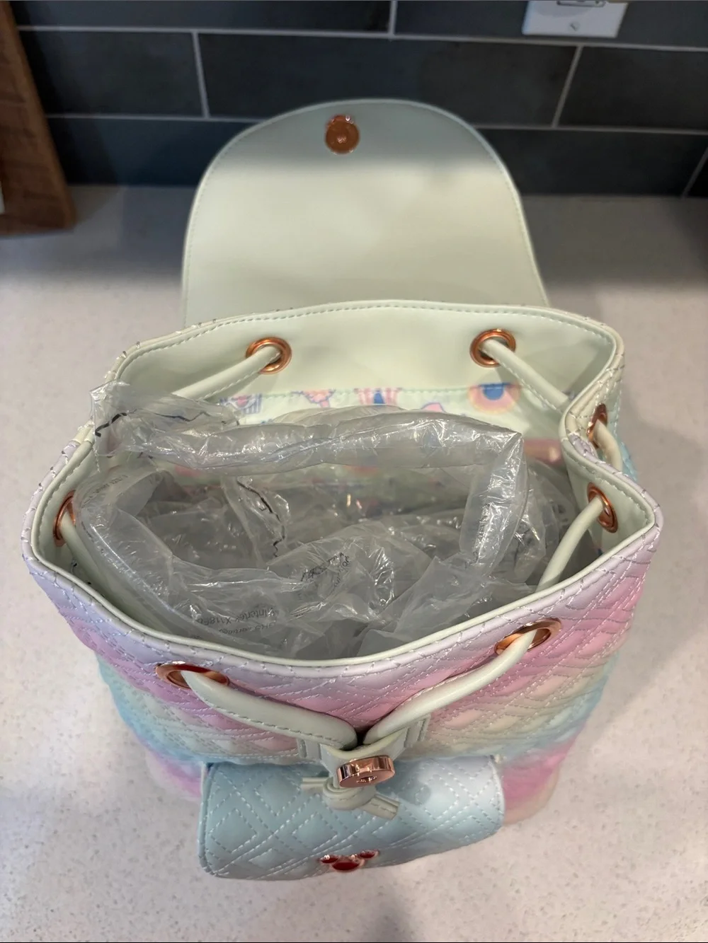 Loungefly Disney Pastel Gradient Quilted Backpack with Faux Rose-Gold Pins NWT